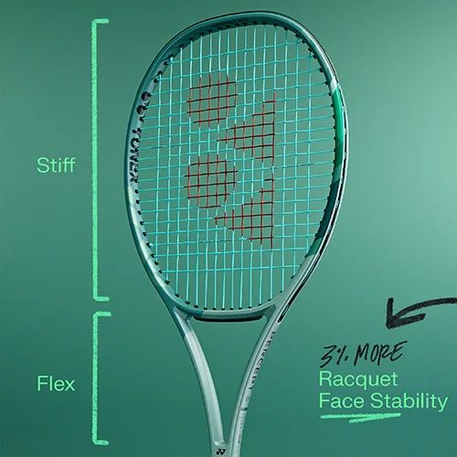 STIFF RACQUET FACE DESIGN - rama posiada więcej warstw grafitu (W porównaniu do poprzednich modeli), aby zwiększyć sztywność. O 3% większa stabilność zapewniając większą powtarzalność trajektorii lotu piłki.